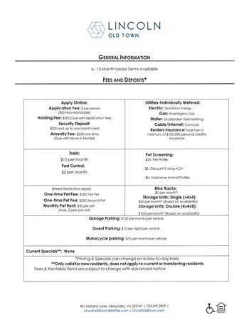 Fee sheet